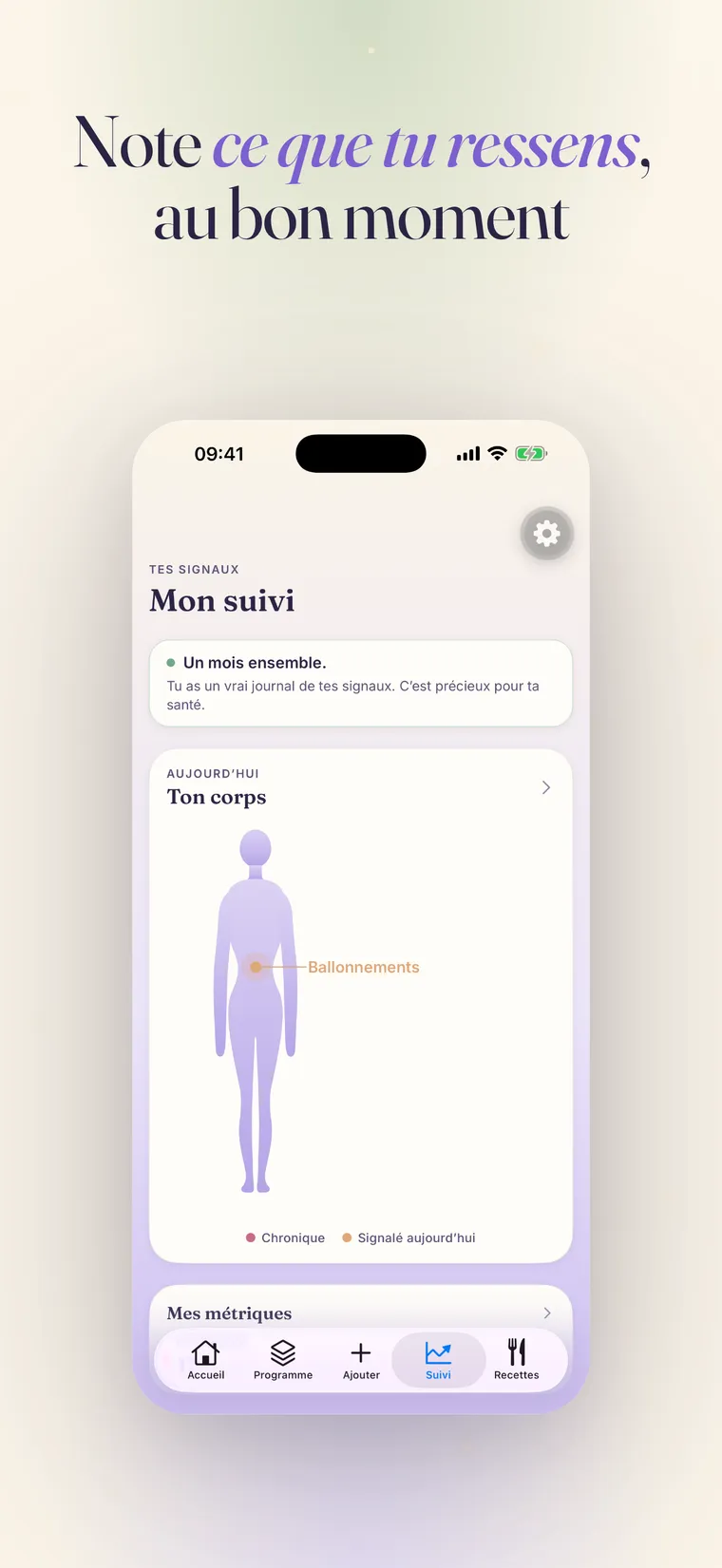 Écran de suivi Helena montrant l'évolution des symptômes sur plusieurs semaines